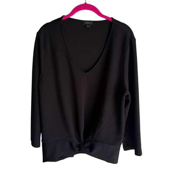 ANN TAYLOR Factory Black 3/4 Sleeve Twist Waistband‎ Ladies Blouse, XL - Picture 1 of 5
